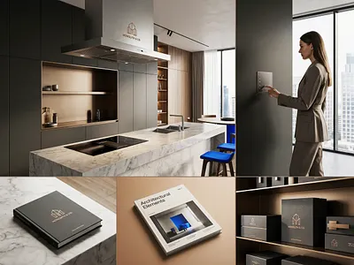 MONOLITH & CO. | Architectural Kitchen & Smart Home by Up-Brands architectural identity bespoke cabinetry branding brand identity charcoal matte packaging electric blue chair elegant home hardware experience design geometric line logo gold touch panel luxury branding luxury kitchen interior minimalist book design modern luxury monolith co packaging design retail design smart home system up brands studio visual identity white marble counter