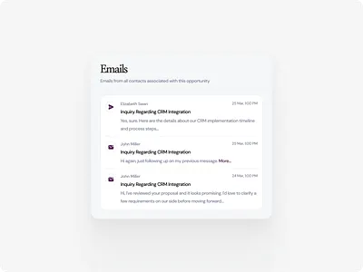 CRM Email Feed UI — SaaS Dashboard Component b2b saas crm dashboard dashboard component data dashboard email feed email ui figma inbox ui minimal ui product design saas dashboard sales platform ui design ux design web app design