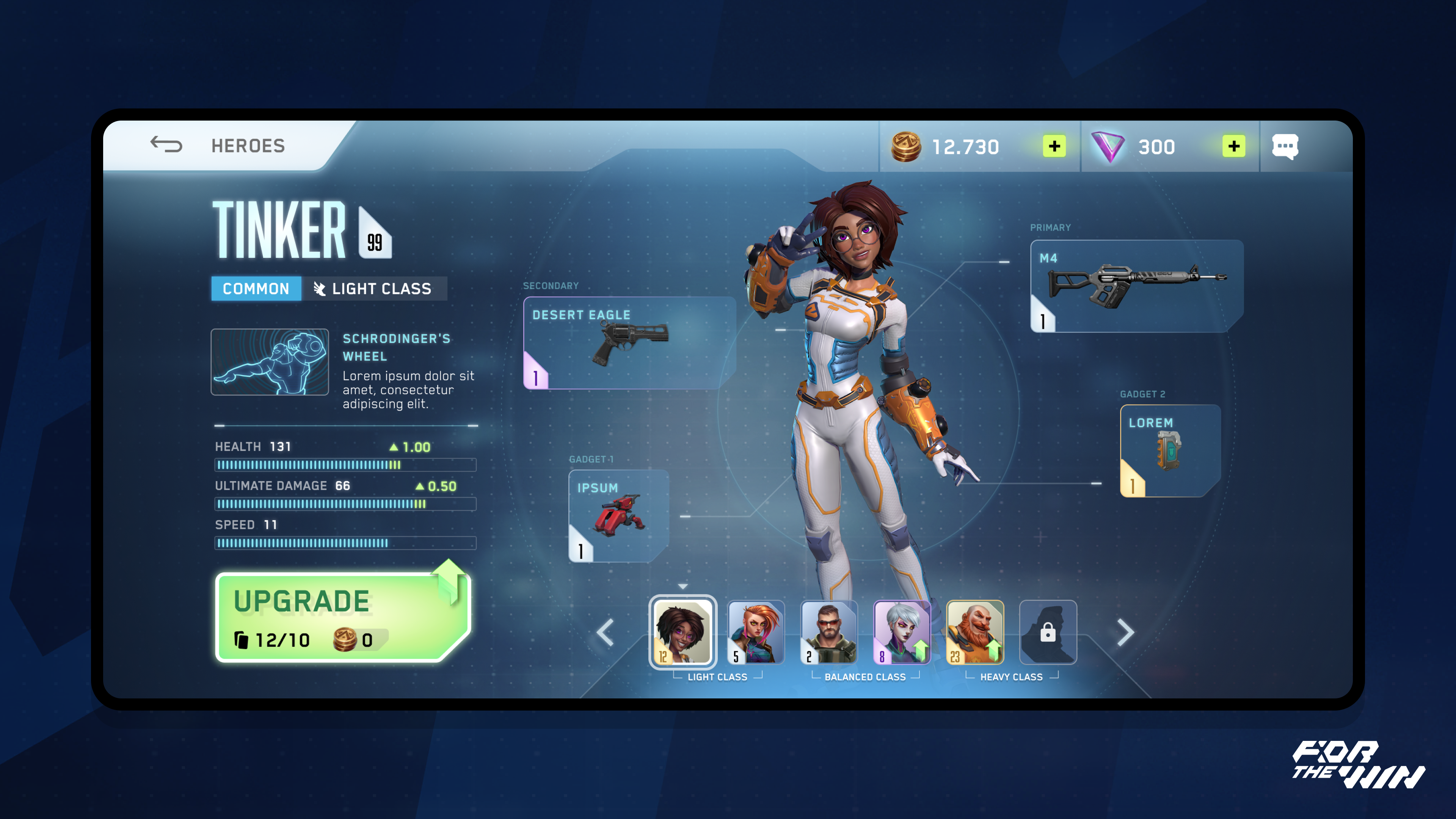 FTW Heroes app game game design game ui game ui design hero hero about heroes mobile mobile game skins upgrade weapons