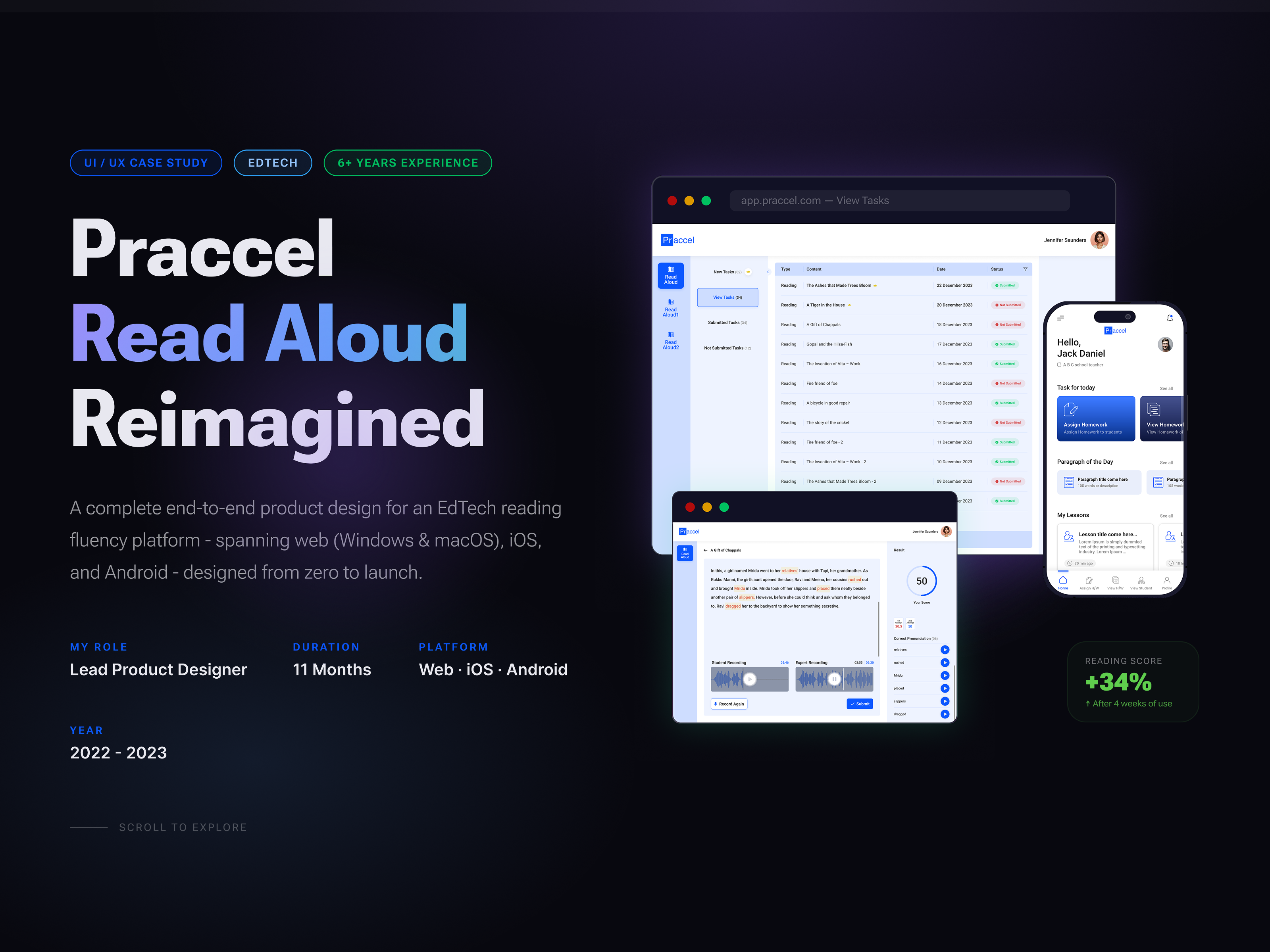 Praccel Read Aloud — UX/UI Case Study adobe photoshop brand design branding case study clean ui dashboard design dribble shot edtech figma illustration mobile app product design reading app saas design ui design user experience ux design