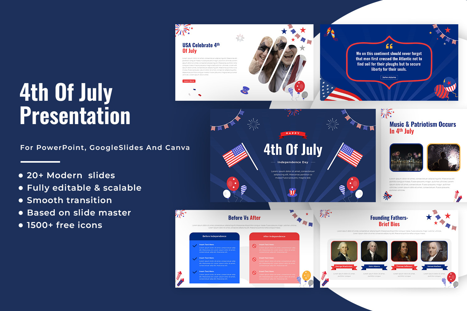 4th of July Celebration Presentation Template america business celebration creative design education event festival freedom googleslides holiday independence infographic marketing modern patriotic powerpoint presentation slides template