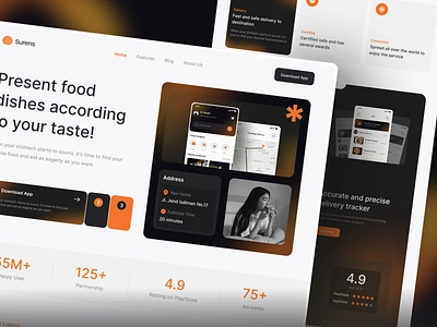 Surens - Food delivery landing page black dark delivery desktop food food delivery landing page layout orange popular simple trending ui uiux web website