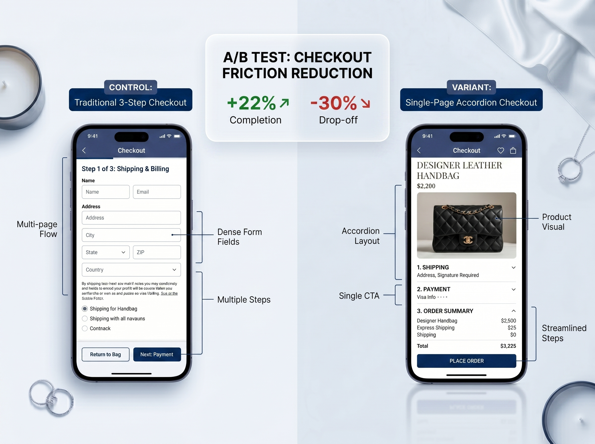 Frictionless Luxury Checkout UI: A/B Test & CRO Strategy ab testing app design cart checkout conversion rate optimization cro ecommerce interface ios luxury minimal mobile app product design shopify shopping ui user experience user interface ux wireframe