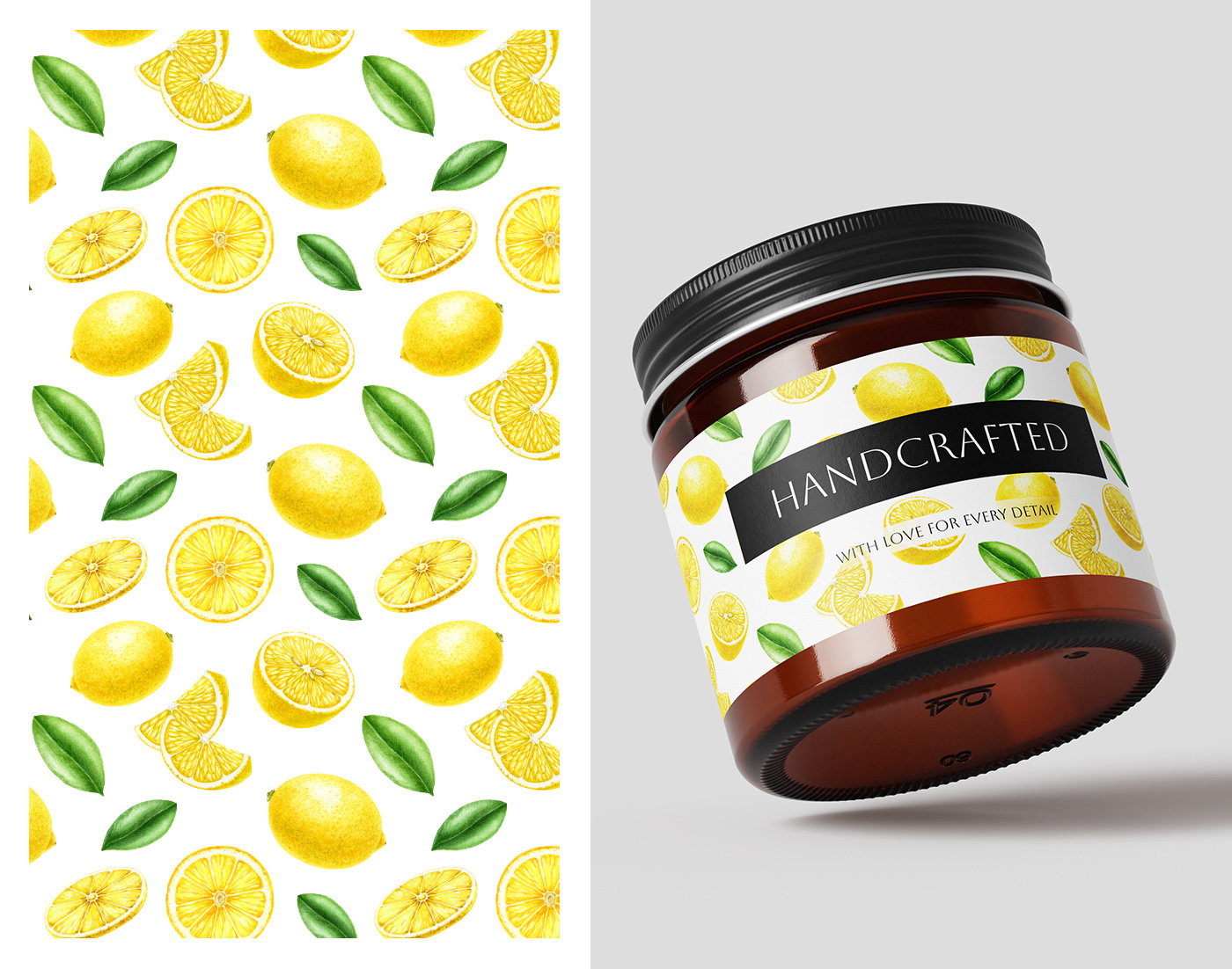 Hand Painted Lemon Pattern branding commission custom illustration drawing food illustration hand drawn illustration packaging packaging design pattern pattern design textile design watercolor watercolor illustration