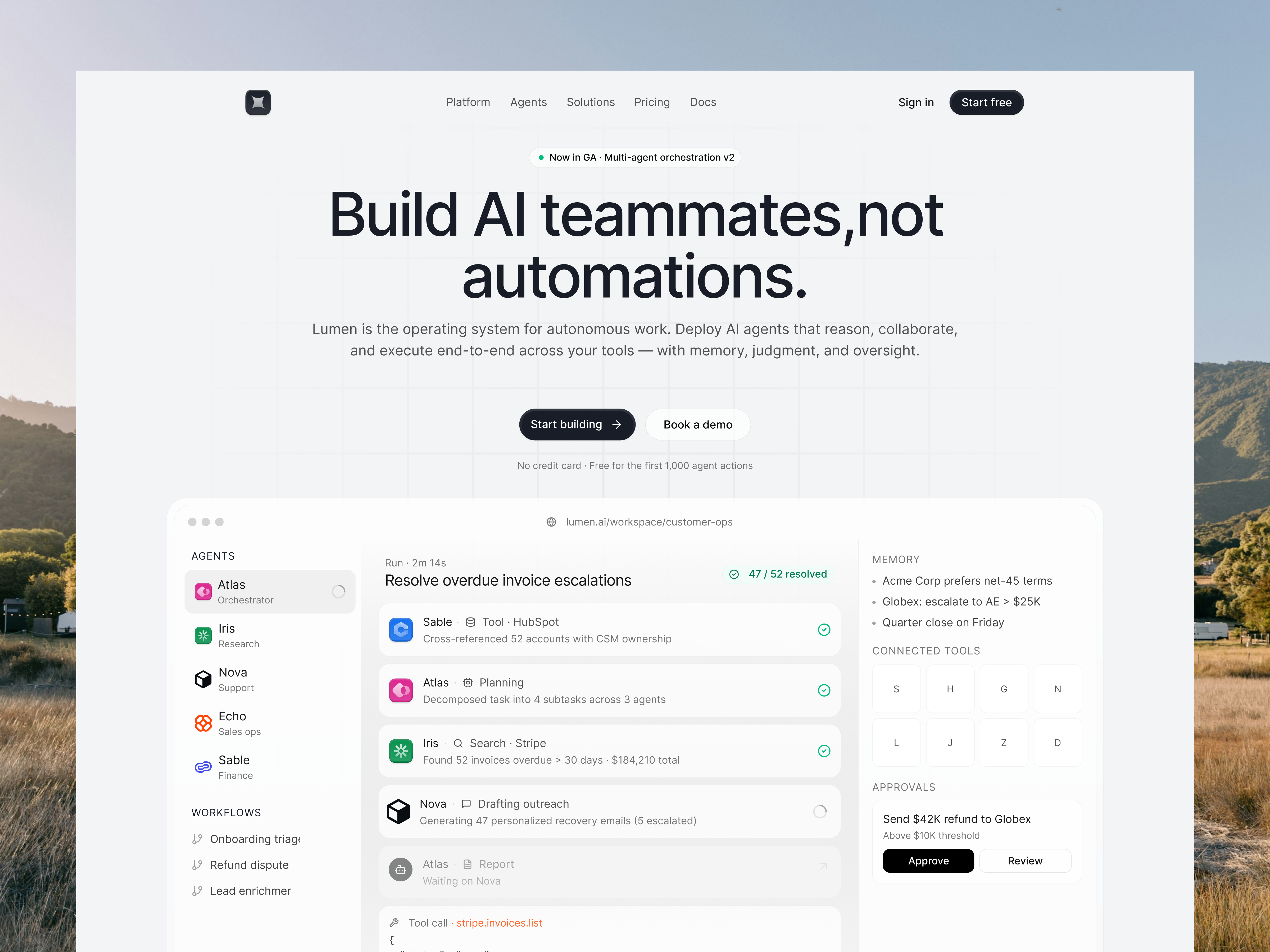 Lumen — AI Multi-Agent Platform Landing Page ai landing page saas ui web design website