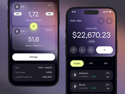 Cryptocurrency Mobile Wallet Interface app design crypto app crypto ui crypto wallet cryptocurrency defi digital wallet fintech design fintech ui glassmorphism mobile app mobile app design mobile ui modern ui nft app product design trading app ui ux web3 design
