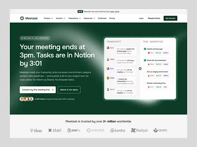 SaaS Landing Page - Meeting to Task Converter ai saas website ai website assign task landing page landing page design meeting saas ai website saas landing page saas website task ui design web designer web ui design website website design website designer