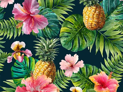 Tropical pattern with pineapples and hibiscus flowers botanical cloth design exotic fabric floral fruit hawaiian print hibiscus illustration jungle leaves palm pattern pineapple seamless summer textile tropical wallpaper