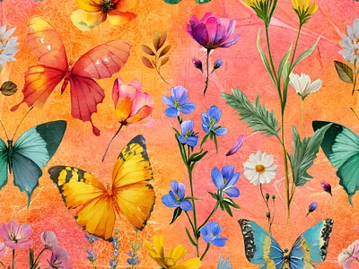 Seamless butterfly and wildflower pattern on orange artistic bloom botanical butterfly cloth colorful fabric flora floral flowers garden illustration nature romantic seamless pattern spring summer textile vibrant wallpaper