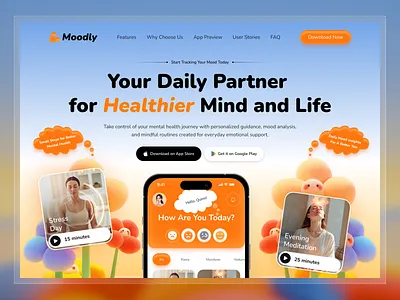 Mental Health App Landing Page Design app app landing app landing page app showcase website app website health app health care app landing page landing page design mental health product landing page saas landing page wellness