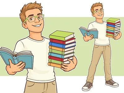 Young man cartoon character holding books vector illustration 2d beehaya caroton style cartoon character cartoon people colorful funny graphic design illustration mascot people illustration stock illustration student vector young man