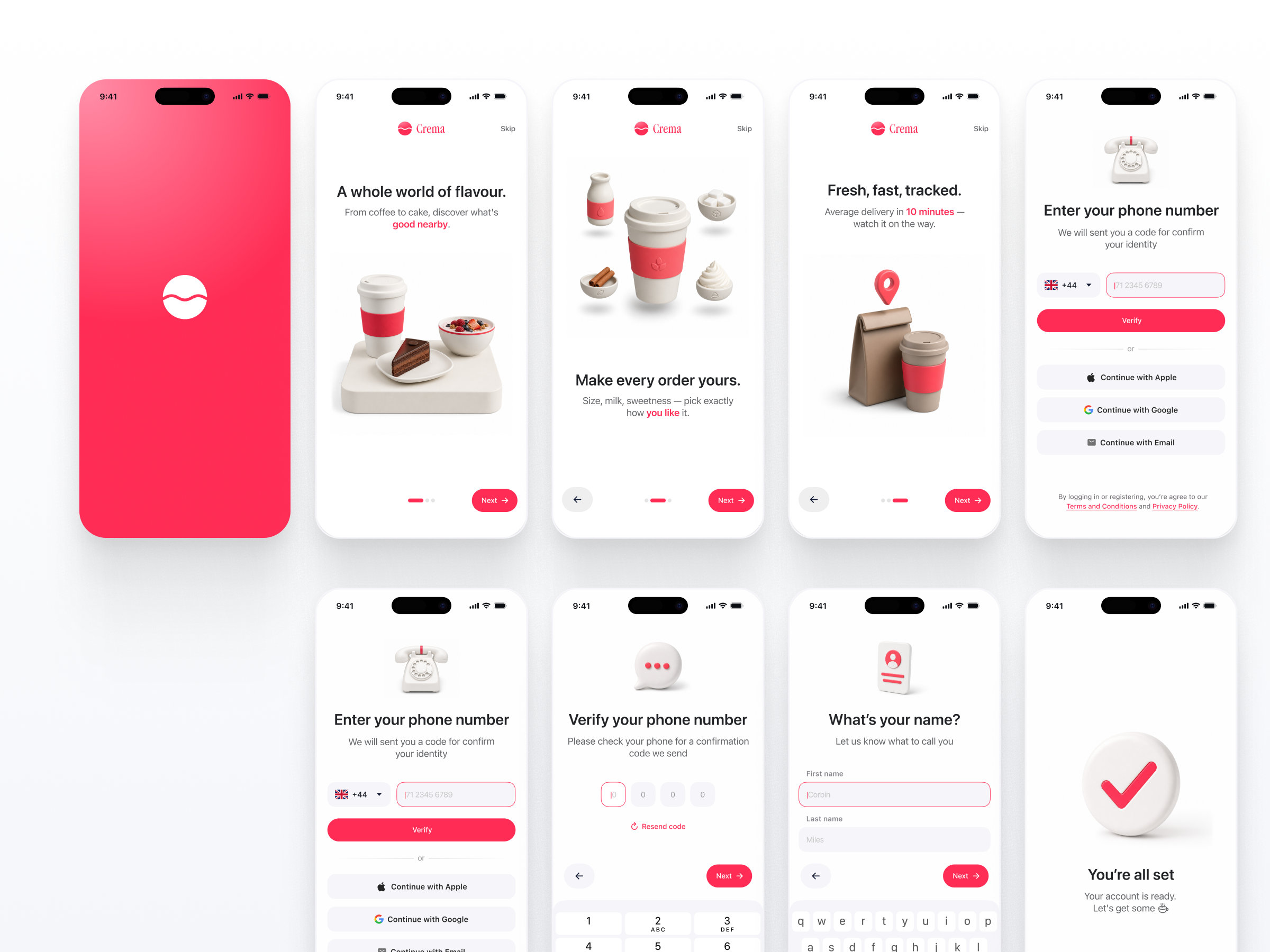 Crema — Onboarding & Login Flow 3d app onboarding delivery dribbble best shot food food app form grocery app ios native app login login page minimal ui mobile app modern design onboarding onboarding ui online order app phone verification register signup