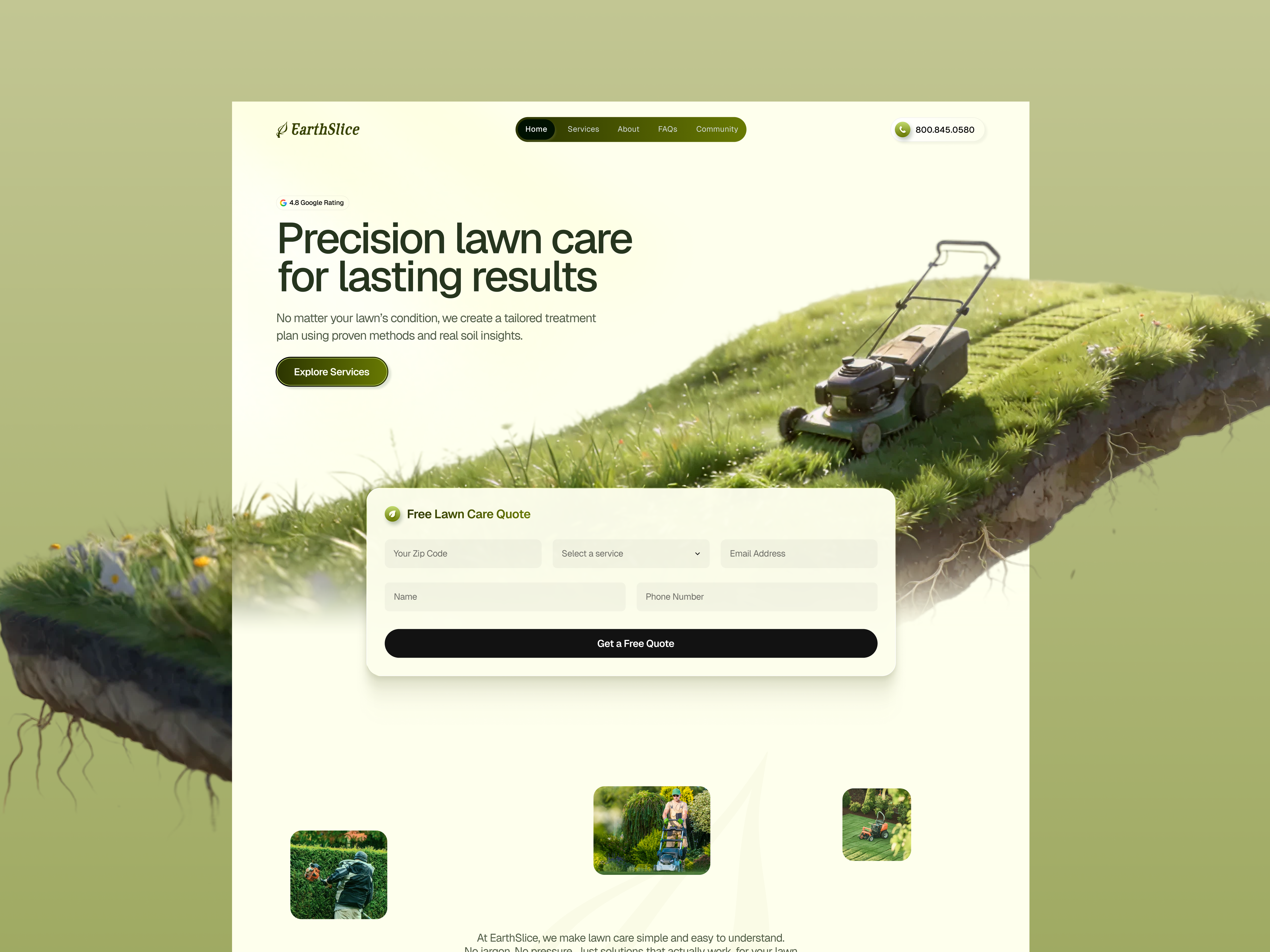 Lawn Care Website Design designinspiration framer greendesign homeservice interface landingpage landscaping lawn care lawncare website localbusiness natureinspired responsive service ui web design webdesign webflow website design wingly wordpress