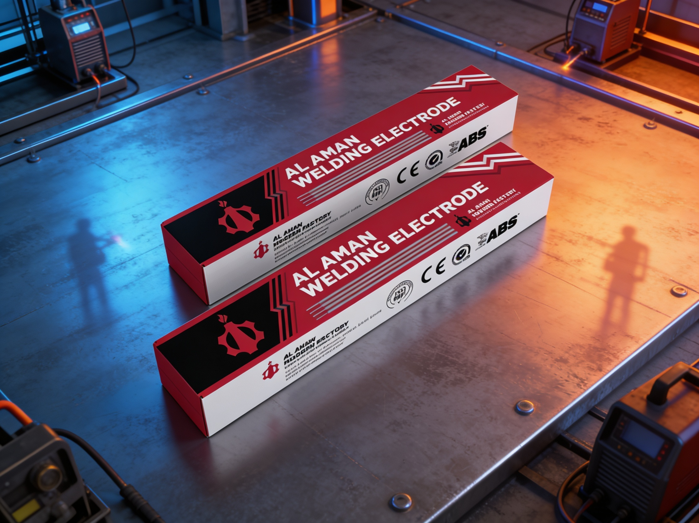 Industrial Welding Electrode Box Packaging | 3D Lifestyle Visual 3d 3d mockup 3d visualization blender 3d box mockup cardboard box packaging cgi product engineering identity graphic design hardware box hardware branding industrial design lifestyle mockup manufacturing tech packaging print design product presentation realistic render web design welding packaging