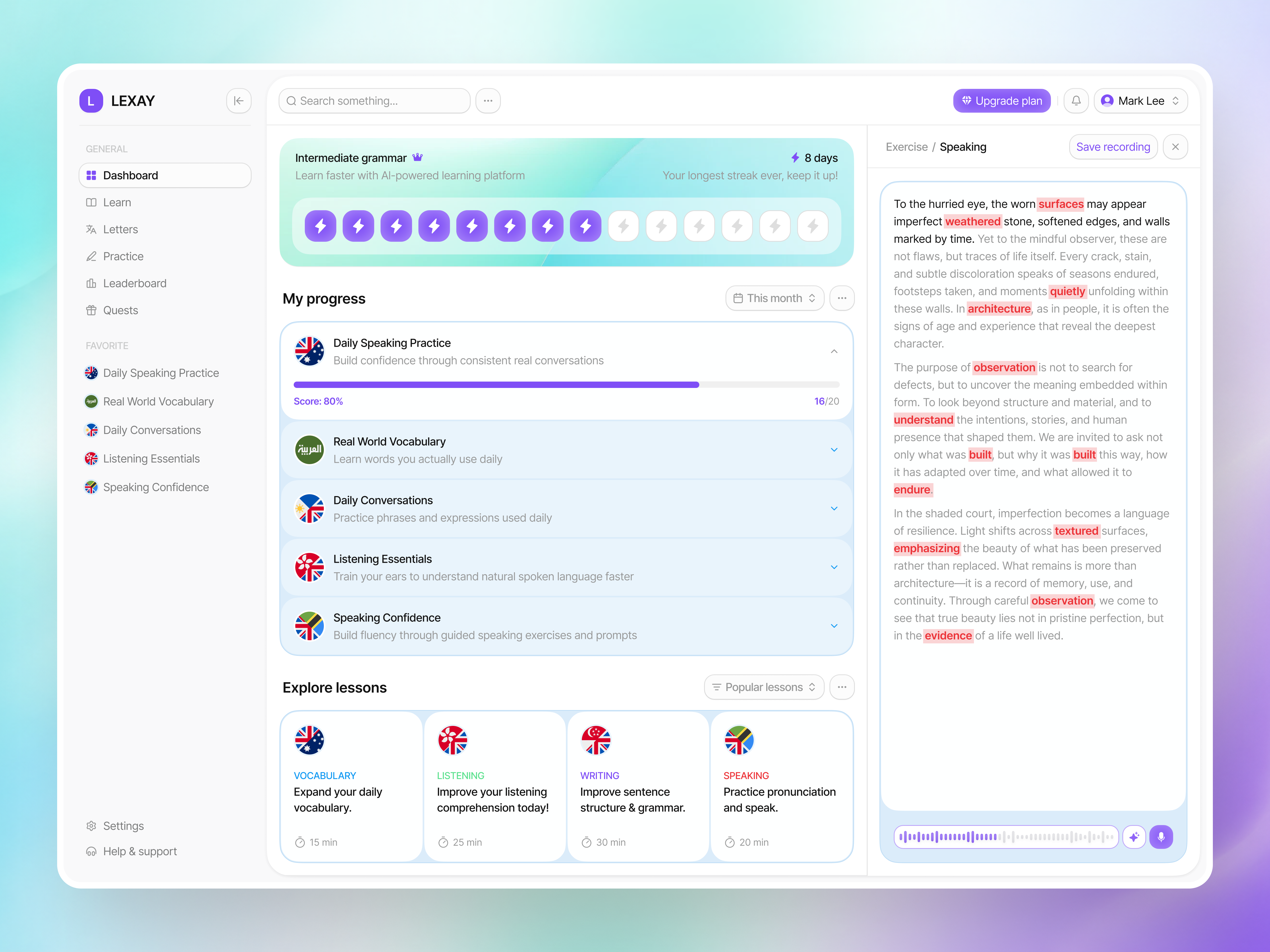 LEXAY - Language Learning Dashboard analytics ui card clean course platform design education platform elearning ui learning management modern ui online learning saas design startup design ui ui design ui ux design uiux ux ux design web dashboard web design