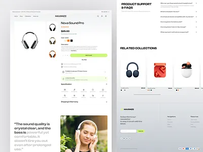 Maximize - Digital Marketplace Product Details Page audio details page digital marketplace e commerce earphone ecommerce headphone headset landing page marketplace online store product shop shopify sound speaker store ui ux web design