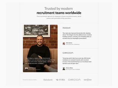 Jaicob — Client Testimonials analytics blockchains clean ui dashboard developer graphic design hiring interface design landing page light mode product design productivity recruitment saas section ui ui design ui ux web design website