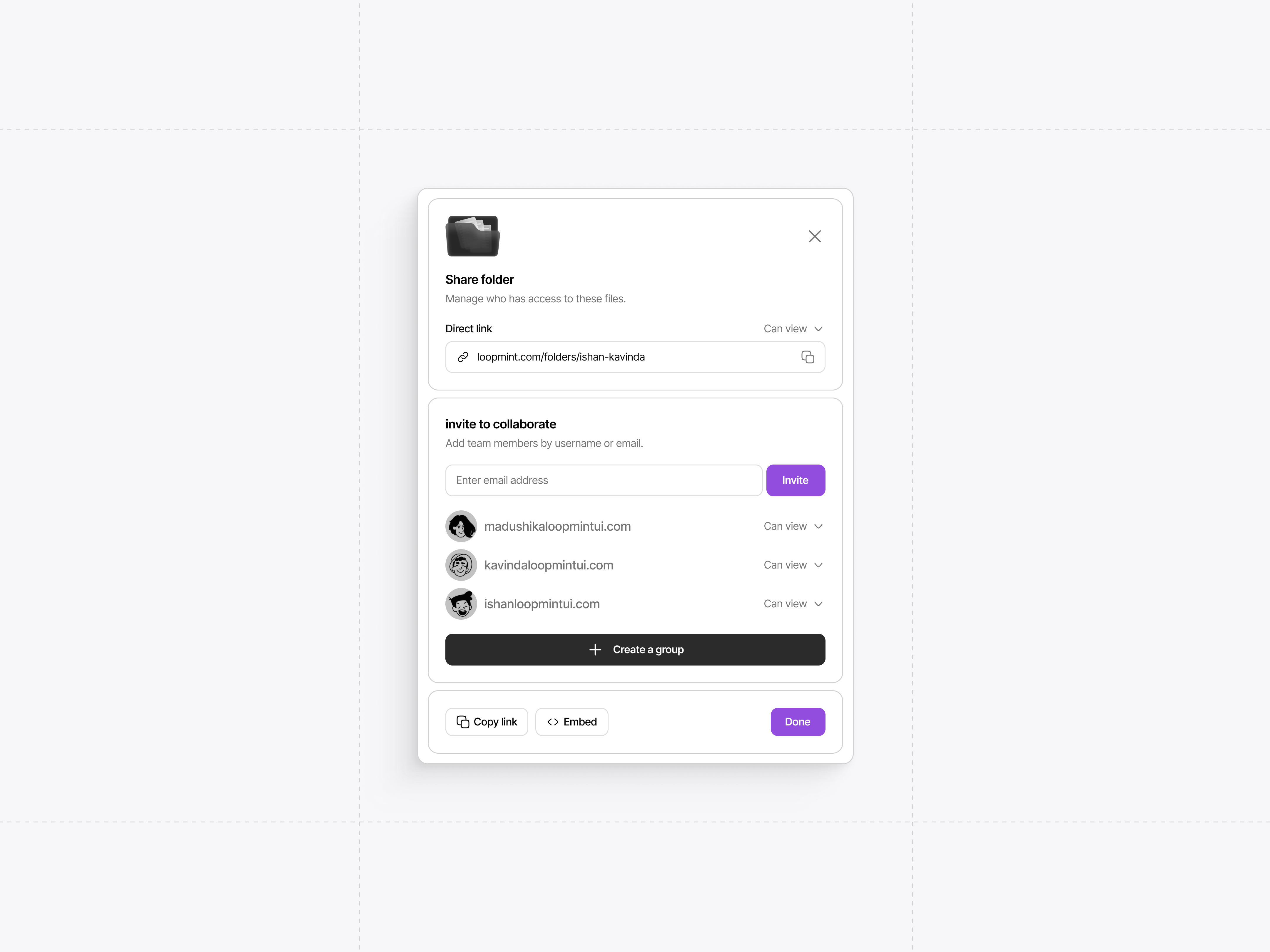 File Share Modal | Clean UI admin panel ui clean ui cloud storage ui collaboration ui figma ui folder sharing ui ile share ui invite modal light theme ui minimal interface modal design modern web app popup design productivity dashboard saas ui share modal ui sharing system ui team collaboration user management ui ux inspiration