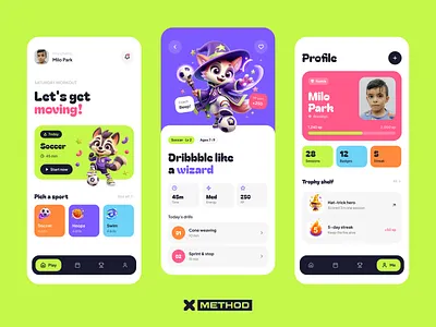 Kids Sport App branding children app design figma fitness app gamification healthcare illustration kids app mobile app playful ui profile sport app ui ux