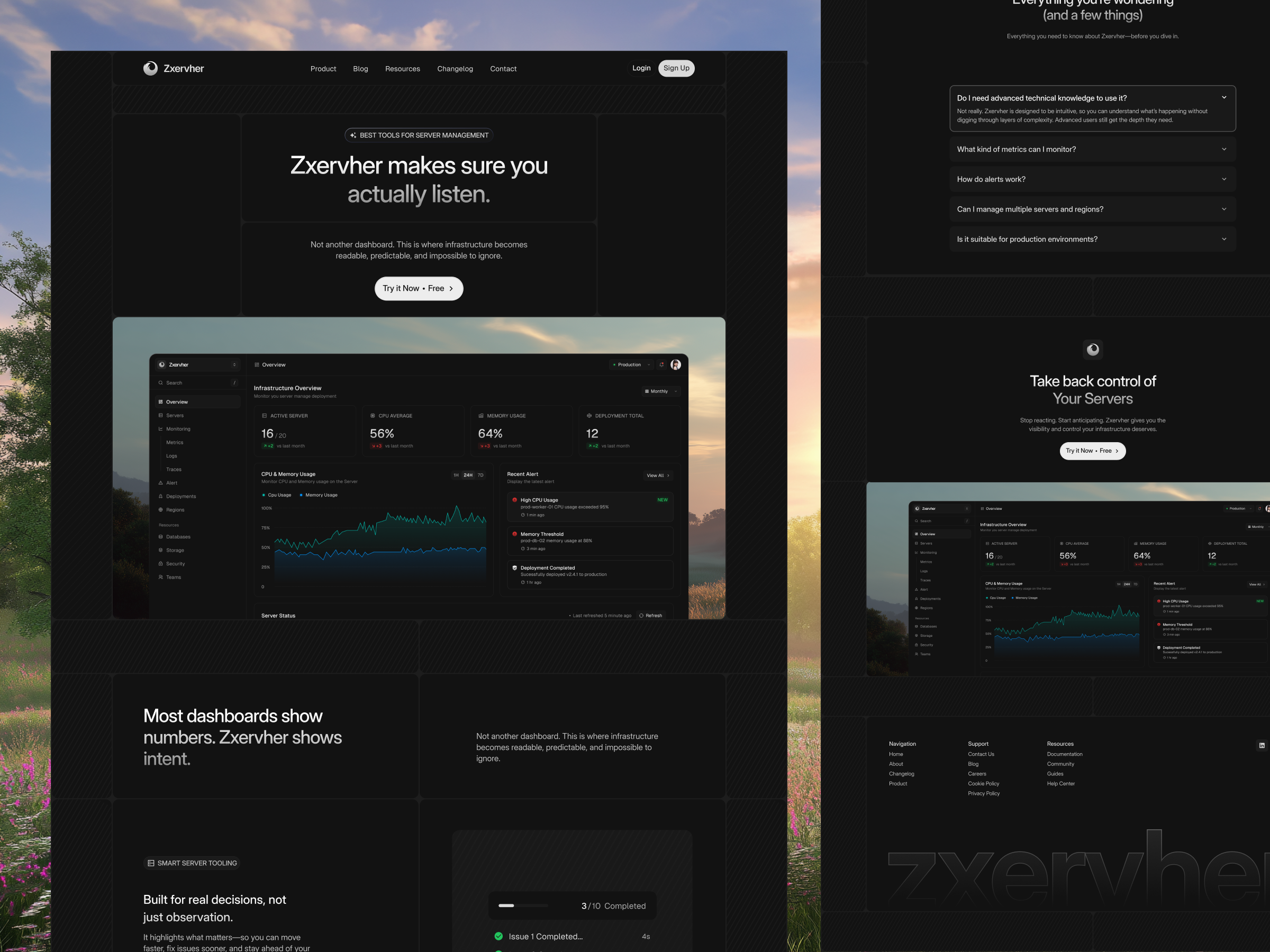 Zxervher Server Management - Landing Page animation bento card dark dashboard elegant ui landing page motion graphics saas saas dark mode server server management ui