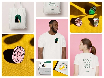 Vivian Nurse Swag arch box branding coffee enamel future green identity merch mockup nurse pink pins serif stethoscope stickers swag t shirt tote vivian