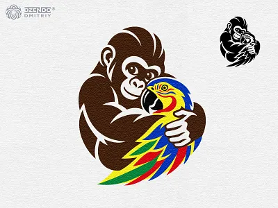 Baby Gorilla and Parrot logo animal care branding animal care logo baby gorilla logo branding exotic animal logo gentle gorilla emblem gorilla and macaw logo gorilla hug logo gorilla with parrot logo logo nature park branding pet care branding tropical bird logo wildlife branding wildlife park logo zoo animal logo zoo branding