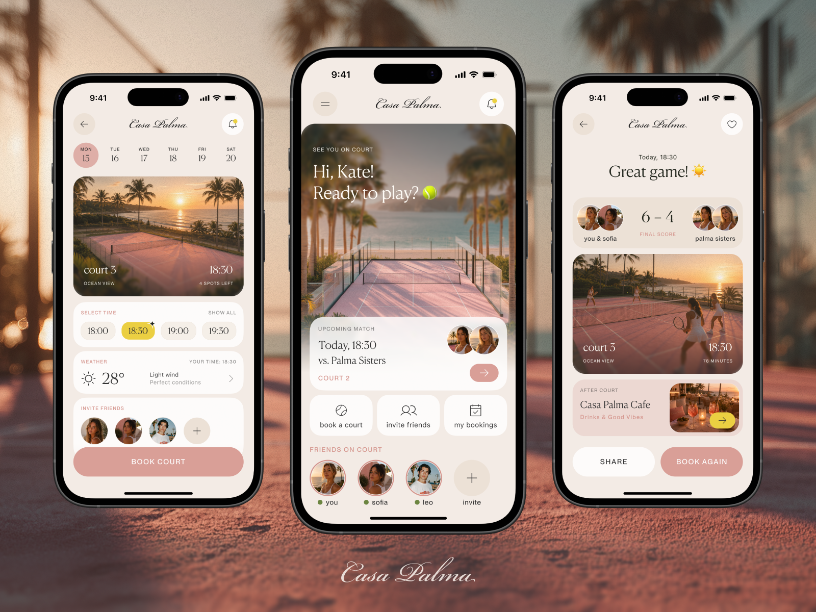 🎾 Casa Palma — Coastal Padel Club App app design cinematic ui coastal aesthetic community app editorial ui hospitality app lifestyle app luxury sports mobile ui design modern branding padel app padel booking padel club premium app design resort branding social sports app sports branding sports community sunset aesthetic tennis ui