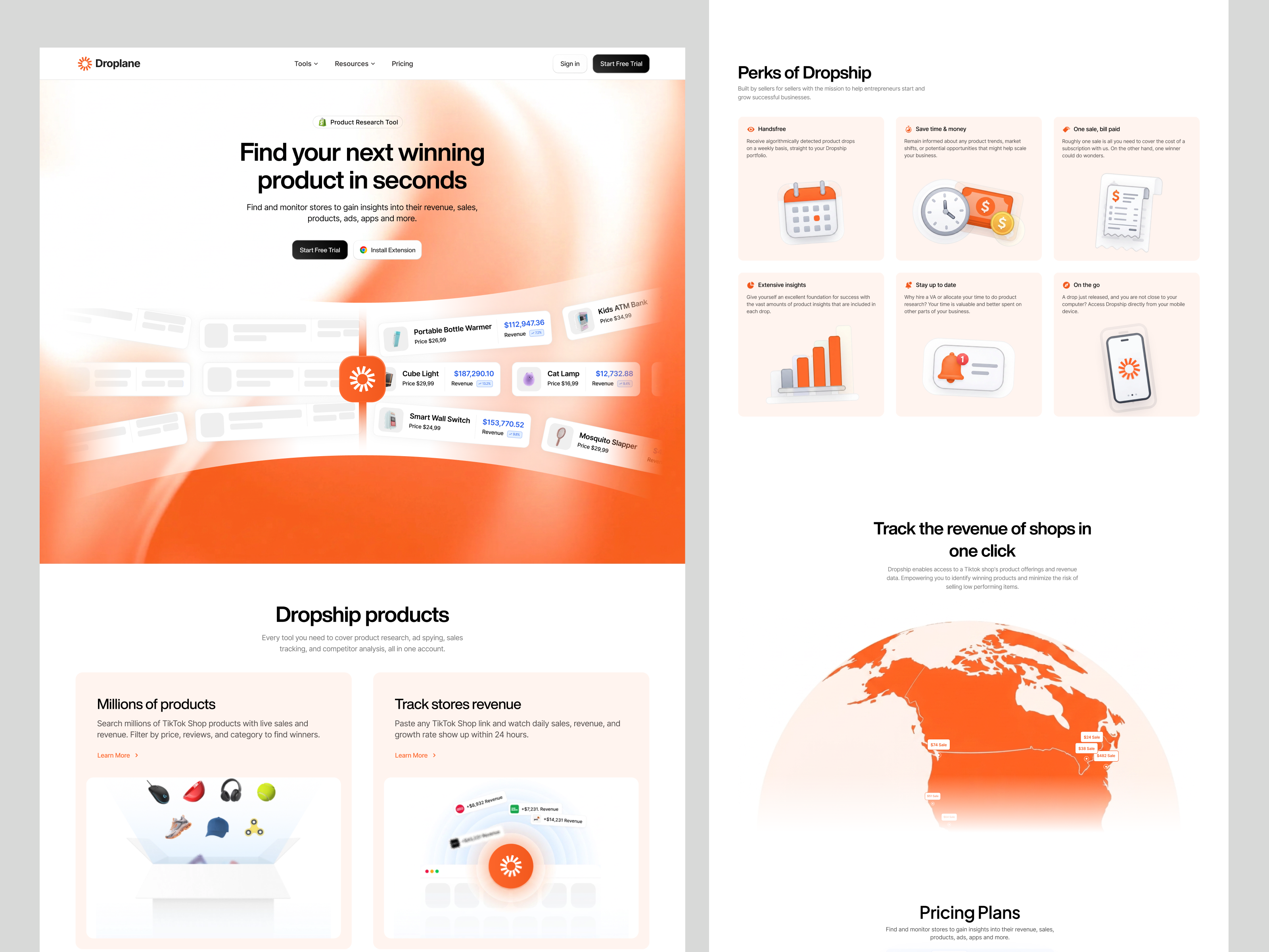 E-commerce Intelligence & Product Research Tool - Droplane adspy datavisualization digitalproduct dropshipping ecommerce facebookads figma header home page landing page saas shopify startup tiktokads uidesign uxdesign web web dsign webdesign website