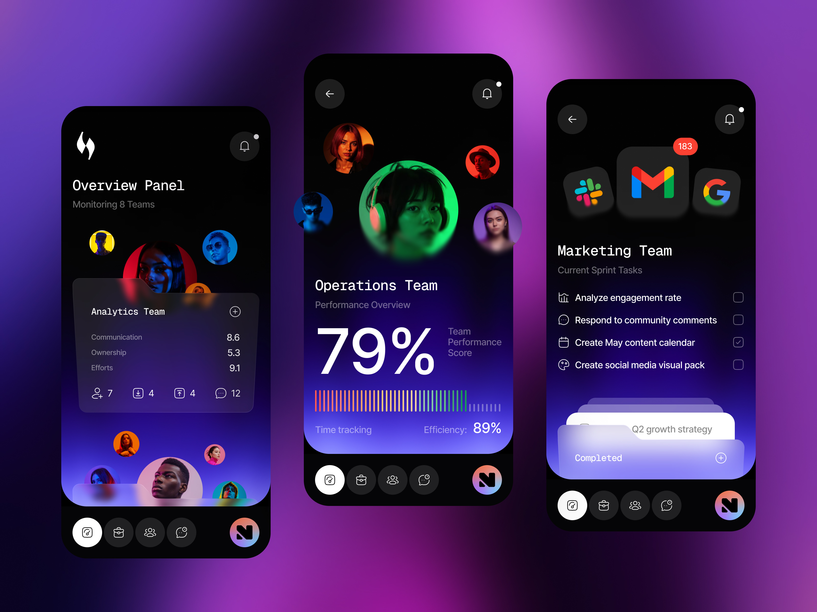 Team Collaboration App UI — Dark SaaS Mobile Design