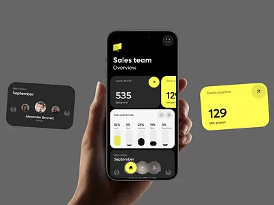 CRM Mobile App — Leads & Deals Dashboard appdesign b2bapp crmdesign darktheme darkui datavisualization dealspipeline funnelchart leadstracking mobileapp mobiledesign mobileui productdesign salesanalytics salesapp salescrm salesteam uidesign uiux yellowui