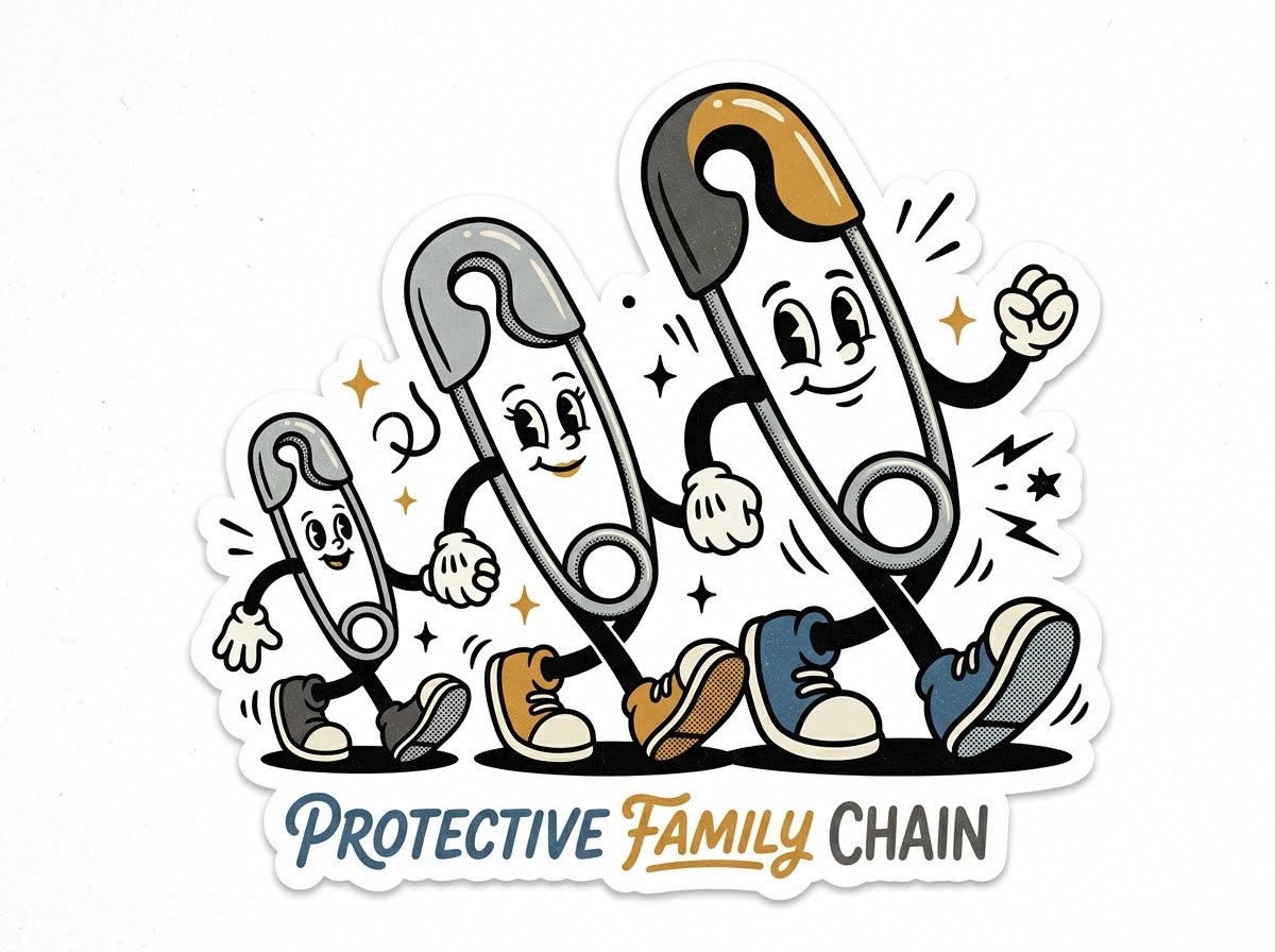 "Protective Family Chain" Retro Mascot Sticker Design 1930sanimation apparelgraphic badges behance brandingidentity characterdesign customtypography diecutsticker dribbble familycrest half tonedetail logo inspiration mascotlogo merchdesign nostalgicdesign retroillustration rubberhose stickerdesign vectorart vintagecartoon