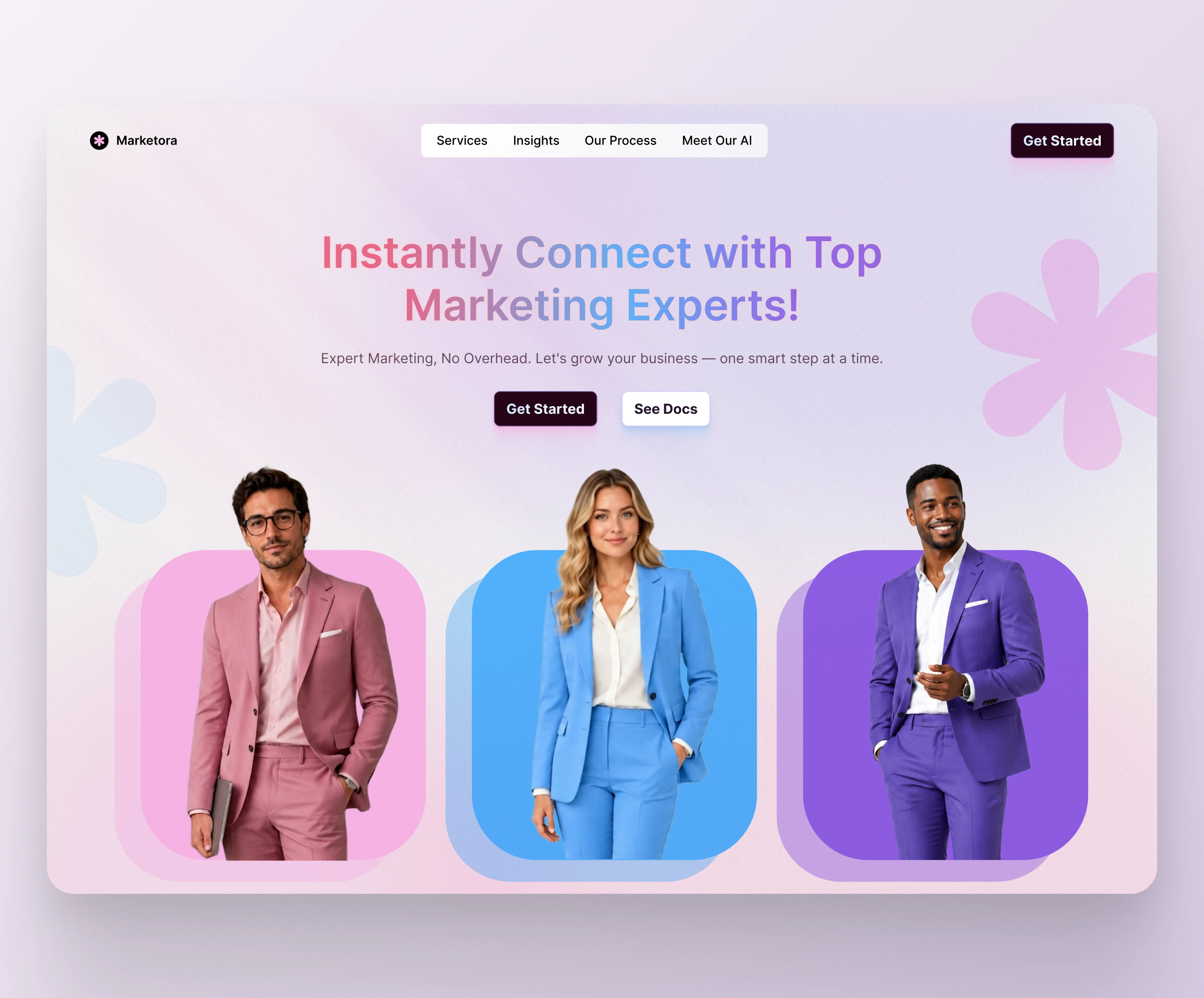 Marketora – Marketing Agency Hero Section UI ai blue branding clean design framer gradient graphic design hero landing marketing pink purple saas shadow ui ux vector webdesign webflow