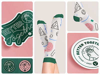 Vivian Company Offsite Swag badge better together branding clean company offsite green hands hi five identity illustration merch patterns pink pins print script sock stickers swag vivian