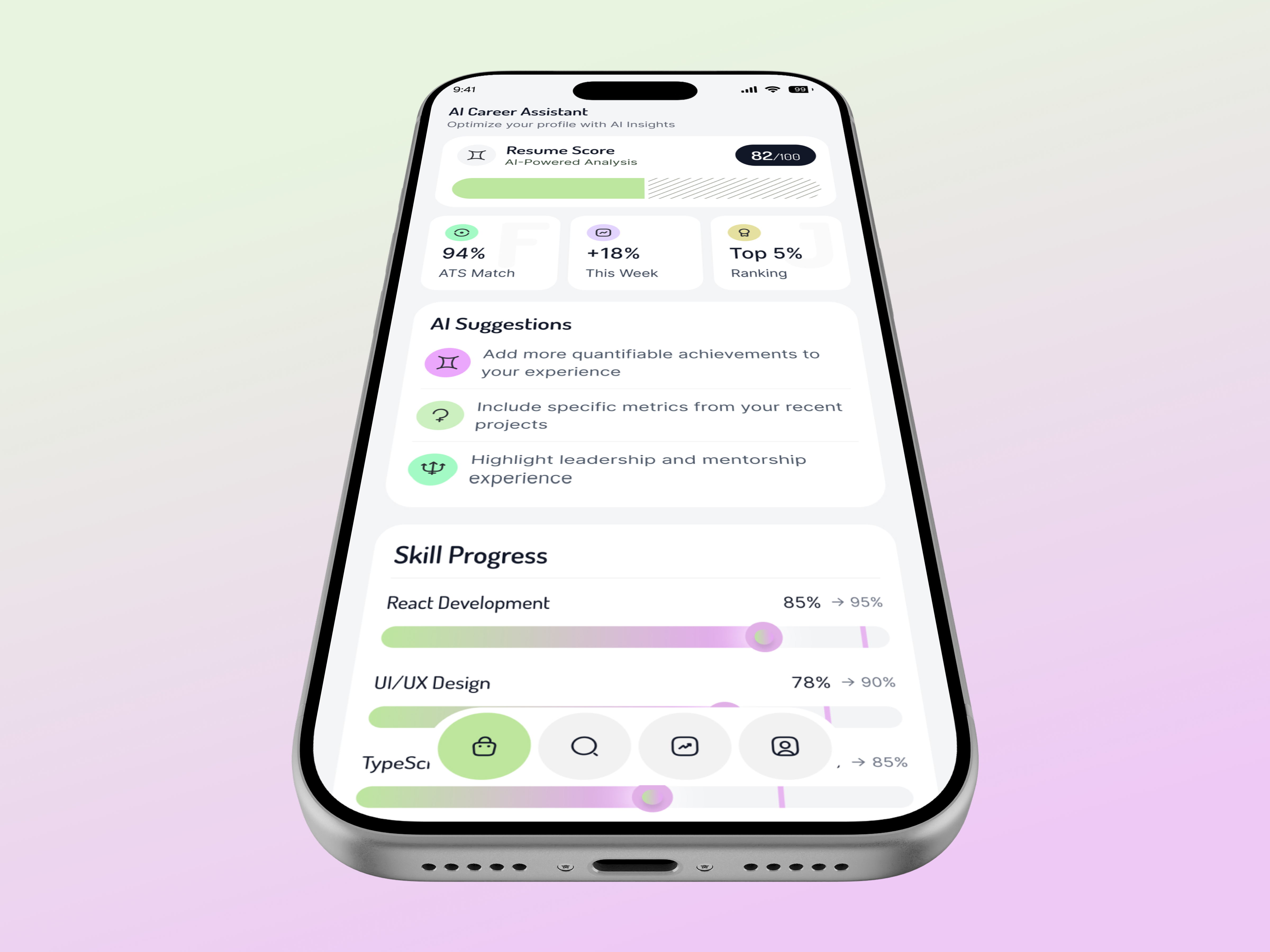 NextHire - AI Career Assistant Mobile App UI 3d ai app ai career assistant ai dashboard analytics ui app app design career app clean ui dashboard design dashboard ui ios ui job finder mobile ui product design saas ui smart app startup ui ui ux ux design