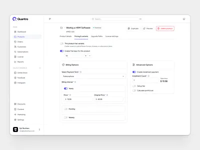Quantro - Pricing & variants b2b design creator dashboard design digital product ecommerce online store pricing pricing variants product design product designer quantro ryt brothers saas saas design set pricing ui design uxui variants web app design yc
