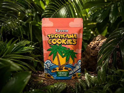Bold Tropical Packaging brand branding cookies graphic design graphic designer green illustrated packaging illustration label label design logo packaging packaging designer palms product identity retro sunset tropical vector waves