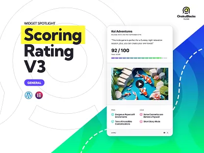Scoring Rating V3 - OrokuBlocks WordPress Widget for Elementor card design elementor games html illustration movies progress bar pros and cons rating review scoring template tv show ui ux video wordpress