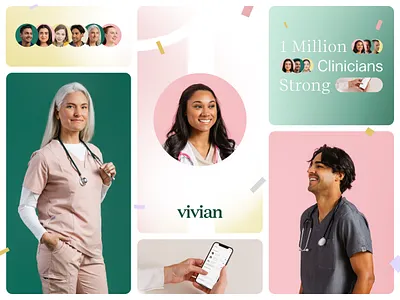 1 Million Clinicians Strong 1 million app brand branding candidates celebration clean clinicians confetti design fun gradient headshots healthcare identity logo nurses product users vivian