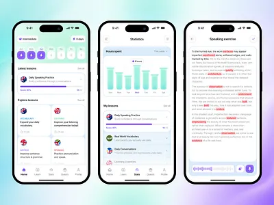 LEXAY - Language Learning Mobile App app design app interface card clean design digital learning edtech education app education platform ios language learning mobile app mobile app design mobile ui online education startup app tech design ui uiux ux