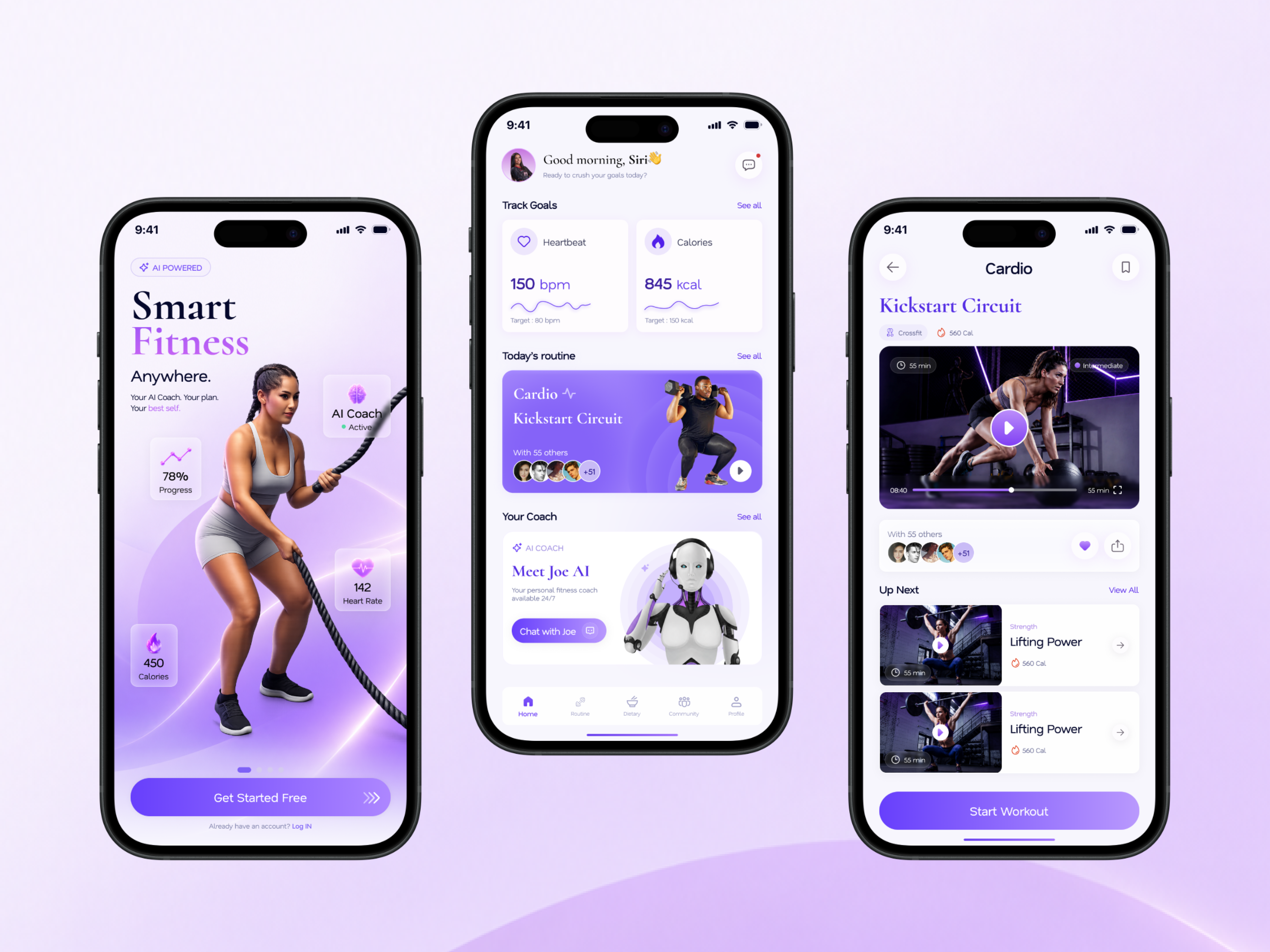 PulseFit — AI Fitness Mobile App ai aifitness appdesign cardioapp creativedesign dashboardui dribbble figma fitnessapp gymapp healthapp iosdesign minimalui mobileapp mobileui uidesign uiux userinterface wellnessapp workoutapp