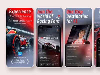 App Store Screenshots Design | F1 Racing Mobile App app design app store app store design app store screenshots f1 app formula 1 google play ios app iso app screensort live racing mobile mobile app motorsport play store race tracker racing app racing experience sports app ui
