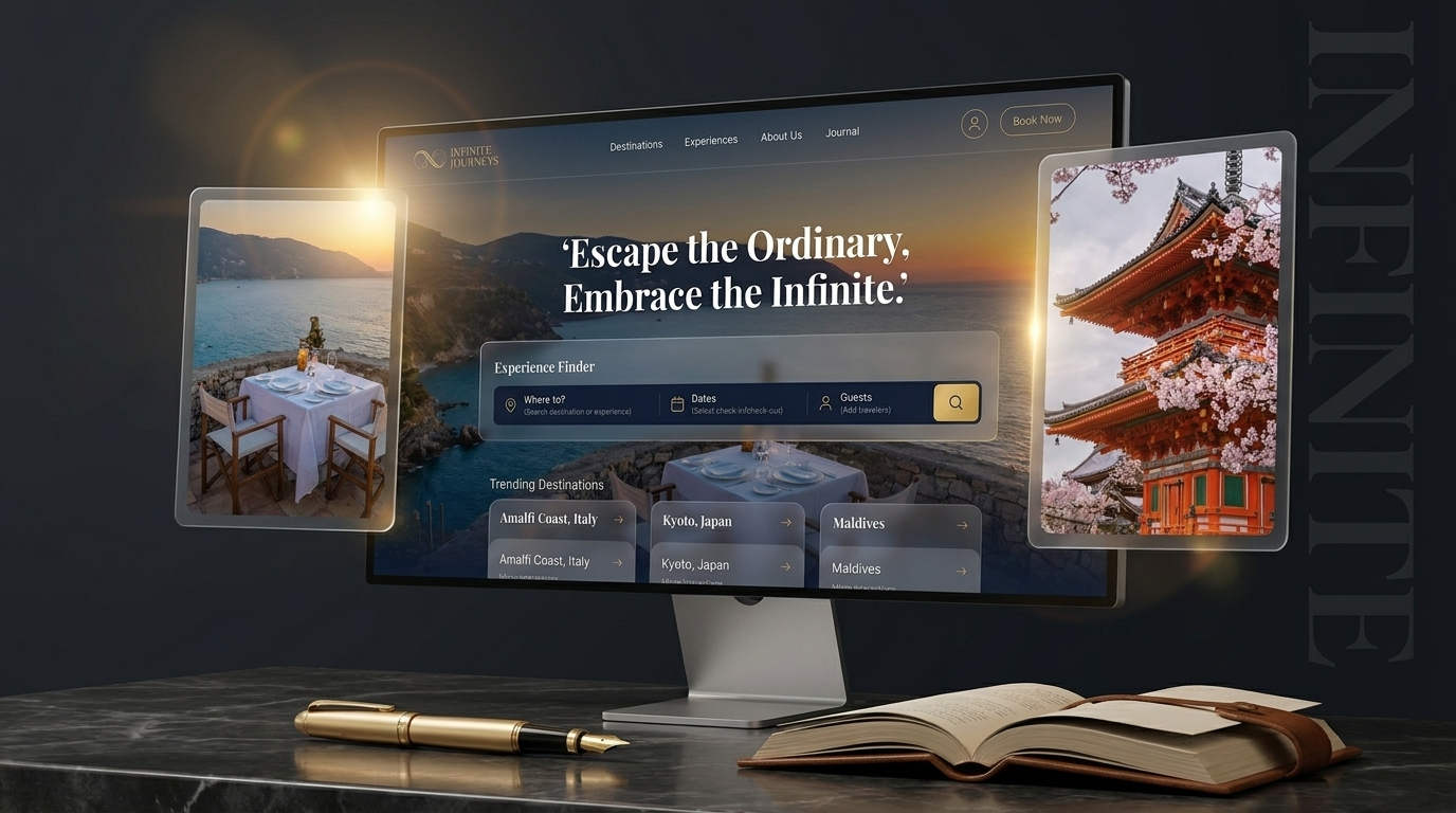 Luxury Travel Booking Website UI | Infinite Journey bookinginterface cleandesign curatedexperiences destinationdiscovery digitaltravel explorationui figmadesign herosection interactiveui luxurytravel modernui premiumux responsivedesign tourismwebsite travelbooking travelwebsite uiuxdesign userexperience visualstorytelling webdesign