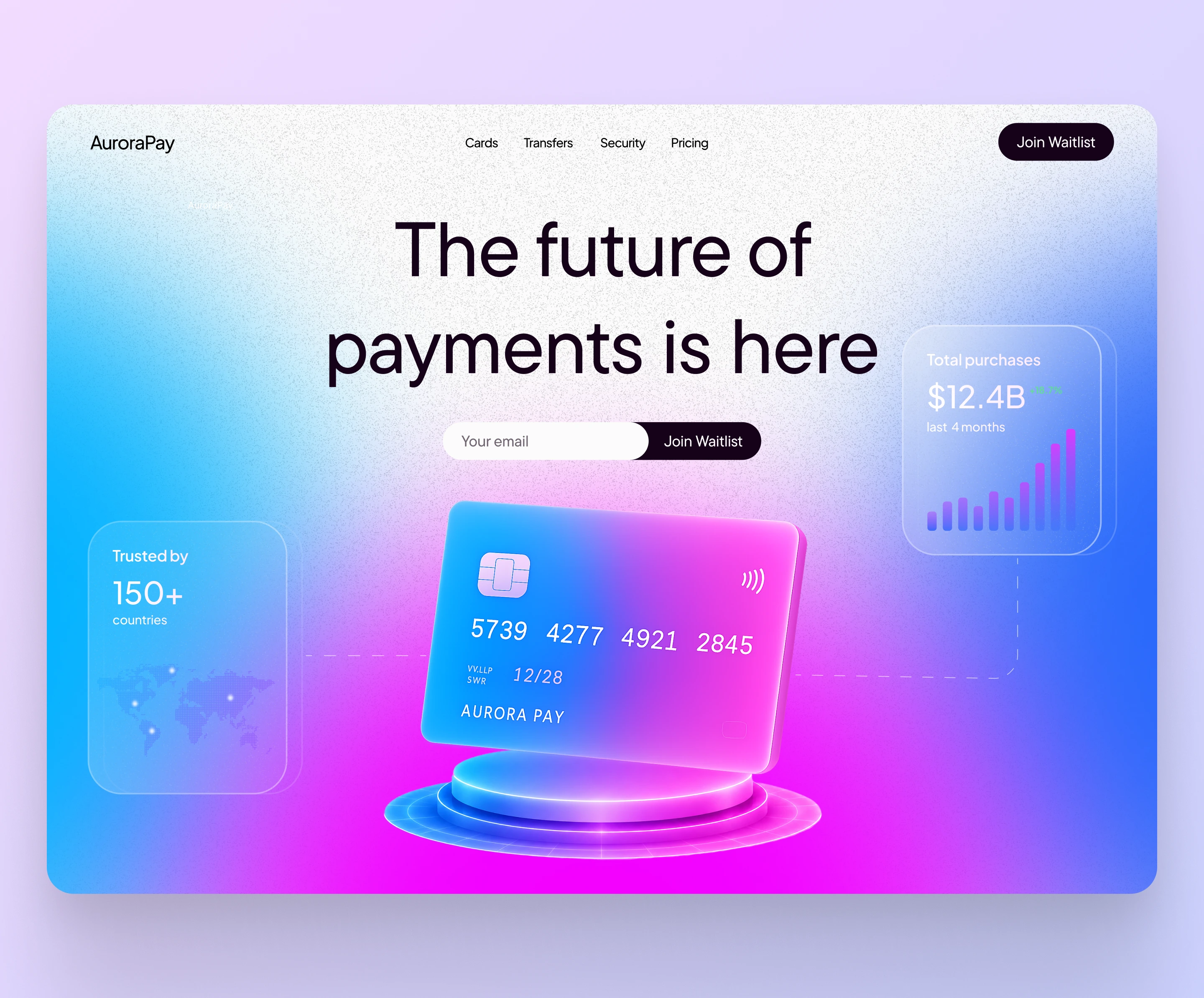 AuroraPay – Payment App Website Design 3d ai app blue branding business colors finance fintech gradient illustration pink purple saas ui