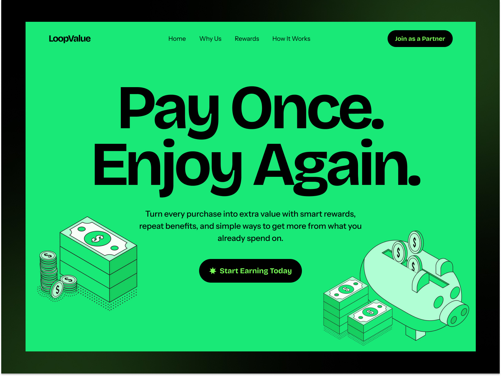 Rewards Landing Page Hero Design | Cashback & Loyalty UI bold typography cashback dribbble shot finance ui fintech green ui hero section landing page loyalty program modern website money illustration partner program rewards app saas landing page savings app startup website ui design ux design web design website design