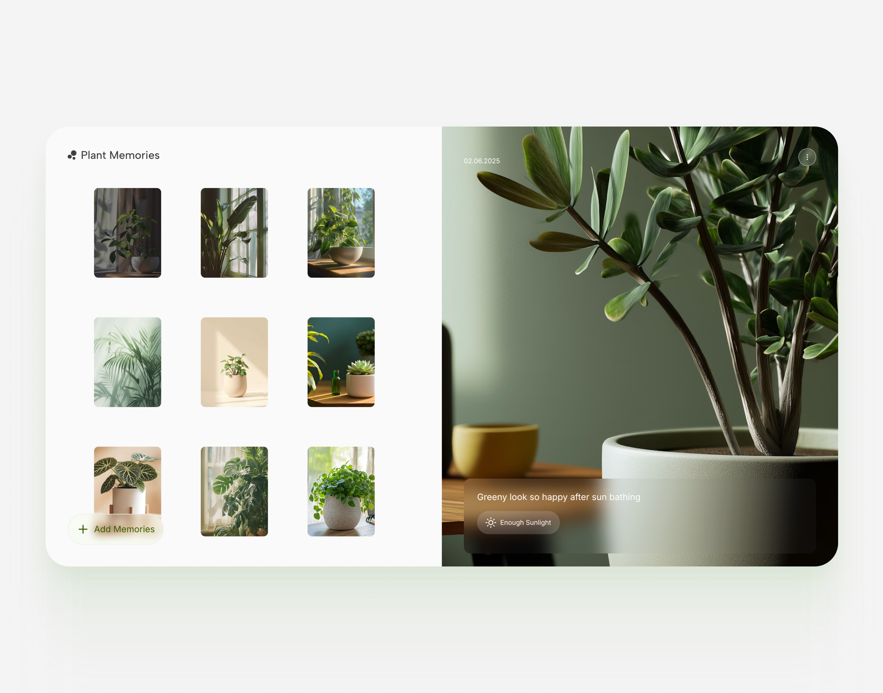 Plant Memories - Save plant moments & growth interaction album dashboard b2c backswitch clean design dashboard design idea desktop desktop app desktop app design digital product exploration figma glassmorphism design memories moments dashboard motion graphics plants ui ui interaction ux