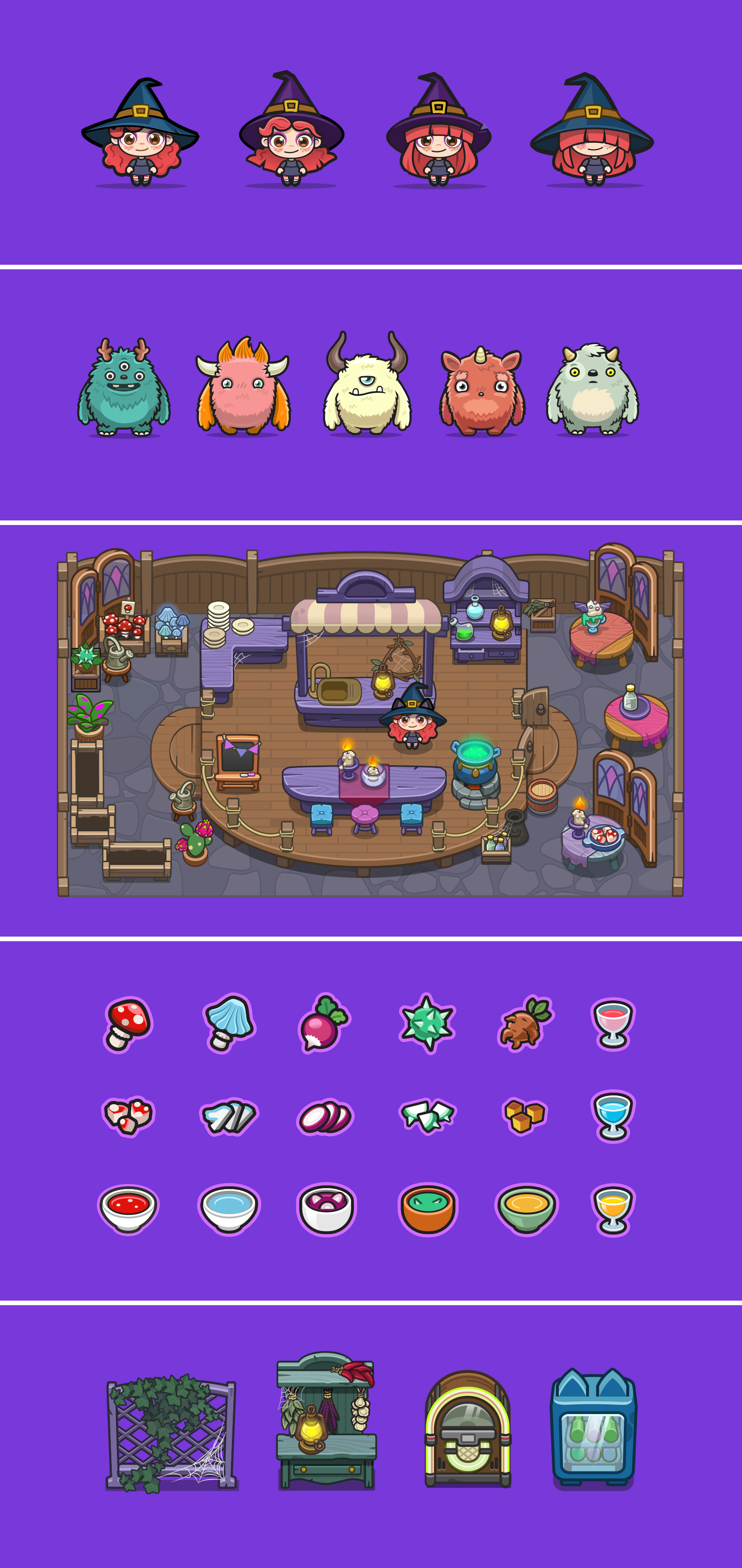 Witch - complete 2D game art production 2dart 2dgame assetpack cartoonstyle casualgame characterdesign cozygame cutear fantasyui gameart gameassets icons illustration magical props sprite tileset vectorart visualdesign