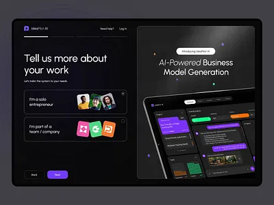 IdeaPilot AI - Dark Dashboard UI ai tool business model corporate design dark mode dark ui dashboard design digital product fintech interface idea generation innovation ui interactive design modern aesthetics product design saas design startup tools ui components user interface ux design ux patterns web application