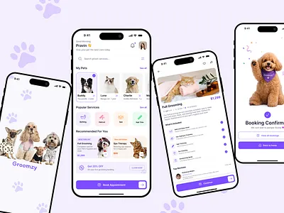 Groomzy - The modern pet grooming app app design ecommerce figma graphic design grooming app illustration motion graphics pet ui user interface ux