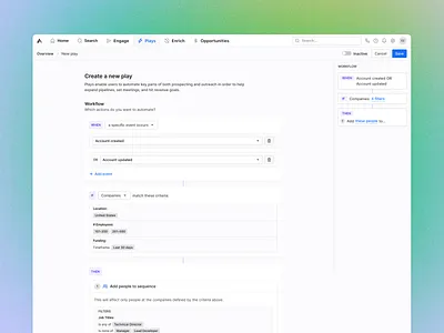 Plays automation b2b cards clean conditions events filters fintech ittt platform process product design saas sales summary tags ui ux web app workflow