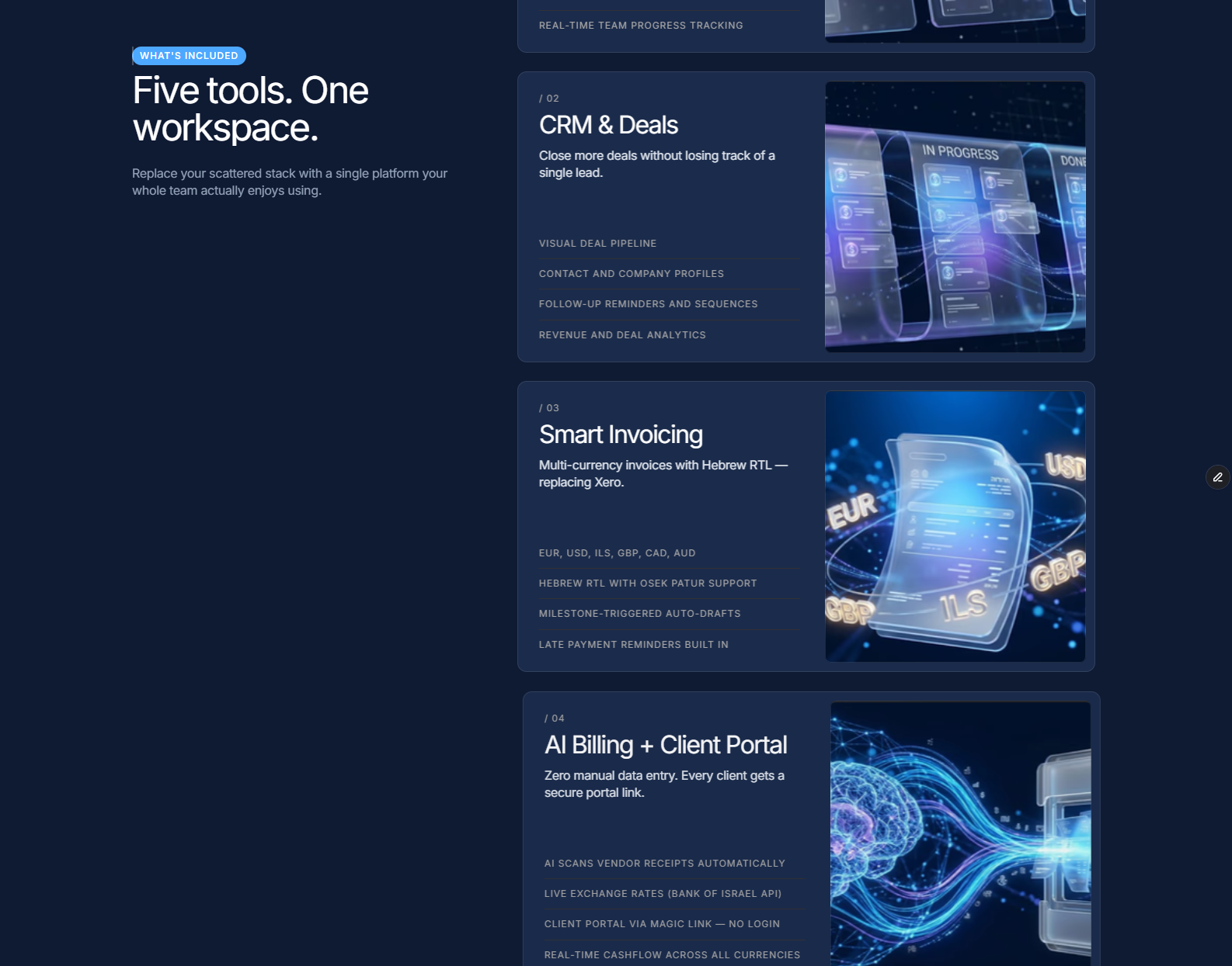 Eldem — Landing Page for an All-in-One SaaS Workspace conversion crm dark mode eu gdpr fintech framer hebrew rtl invoicing landing page marketing site multi currency pricing page product marketing saas startup ui design ux design web design